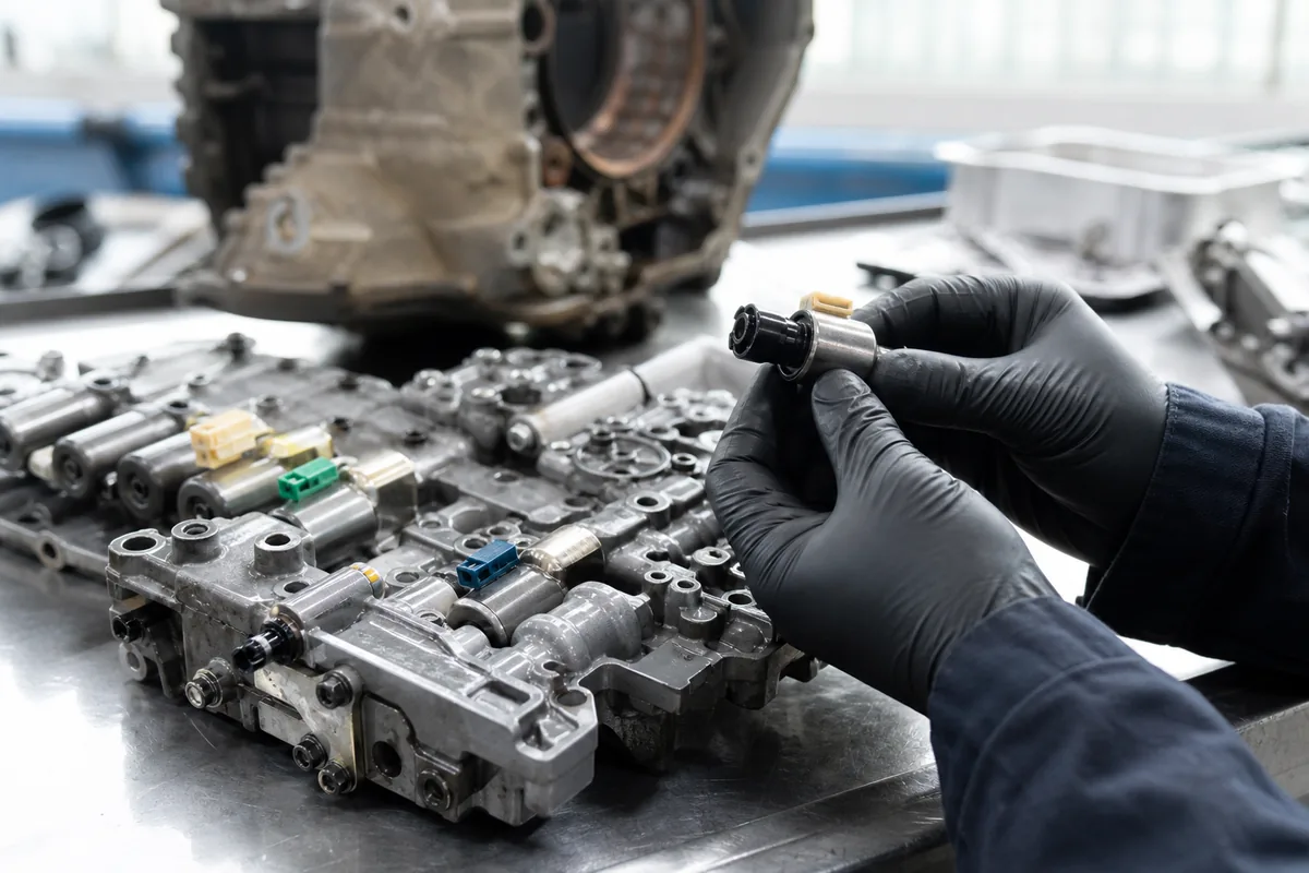 Klephuis met solenoïdes van een automatische versnellingsbak op de werkbank