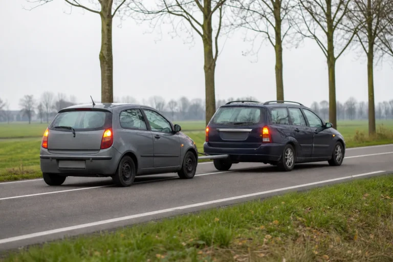 Auto met automaat wordt met een sleepstang weggesleept door een andere auto