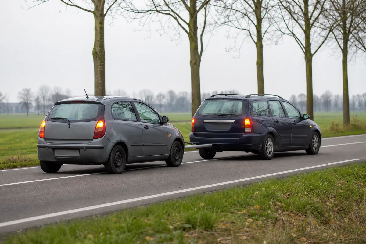Auto met automaat wordt met een sleepstang weggesleept door een andere auto