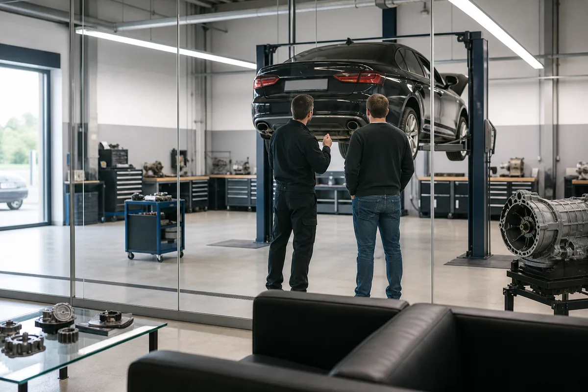 Monteur geeft uitleg aan een klant in de werkplaats van een automaatspecialist