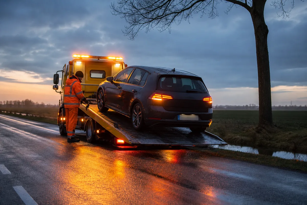 Auto met defecte automaat wordt op een autoambulance geladen