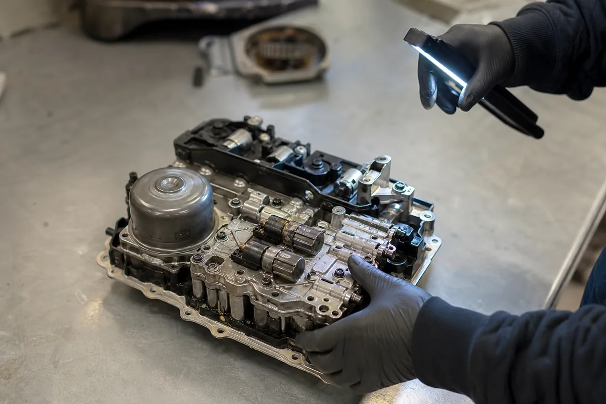 Mechatronic-unit van een DSG-versnellingsbak op de werkbank, met ventielen en drukaccumulator