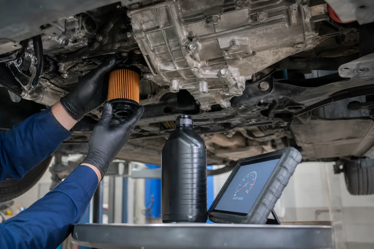 Monteur vervangt het oliefilter van een DSG-versnellingsbak tijdens het olie verversen