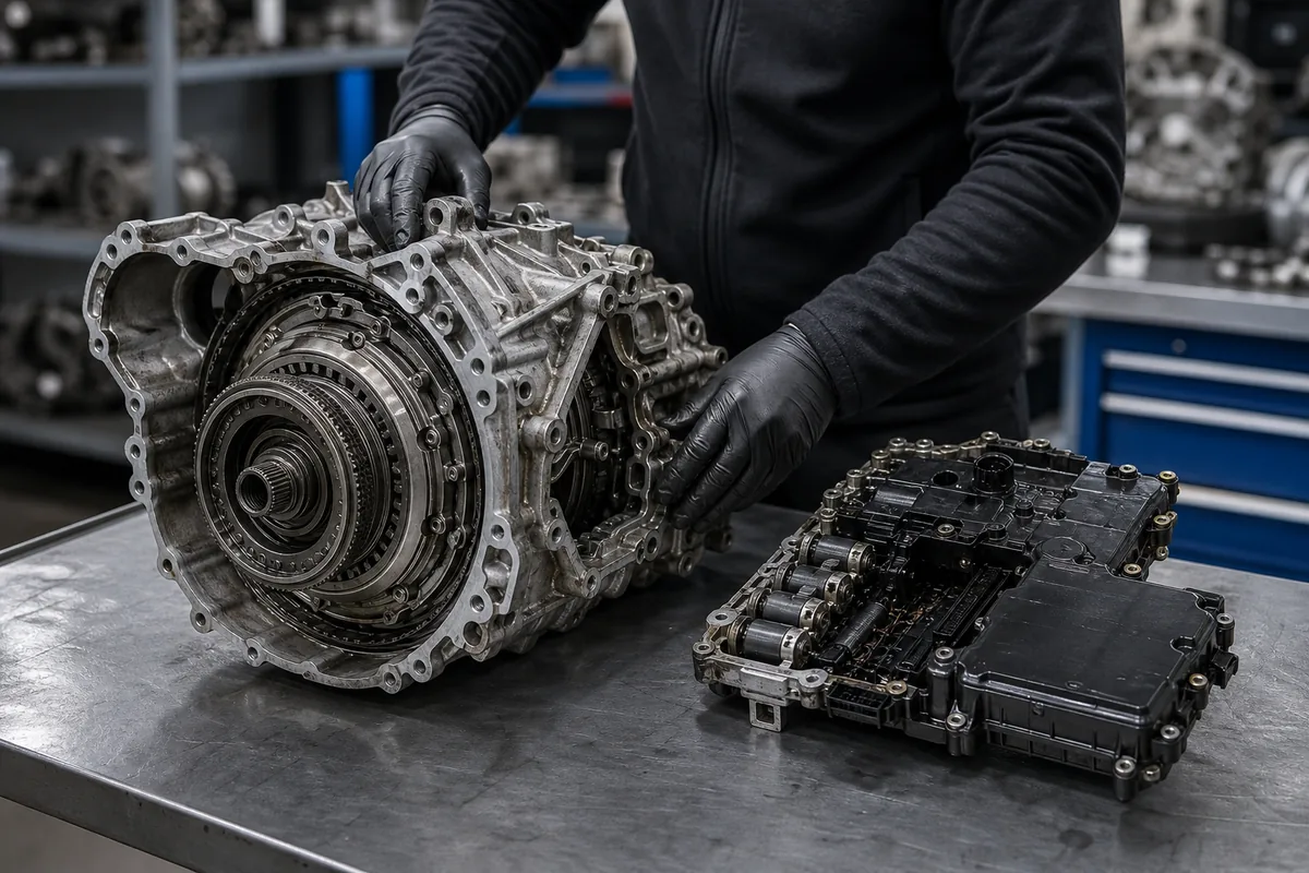 Versnellingsbak met dubbele koppeling en losgenomen mechatronic op de werkbank