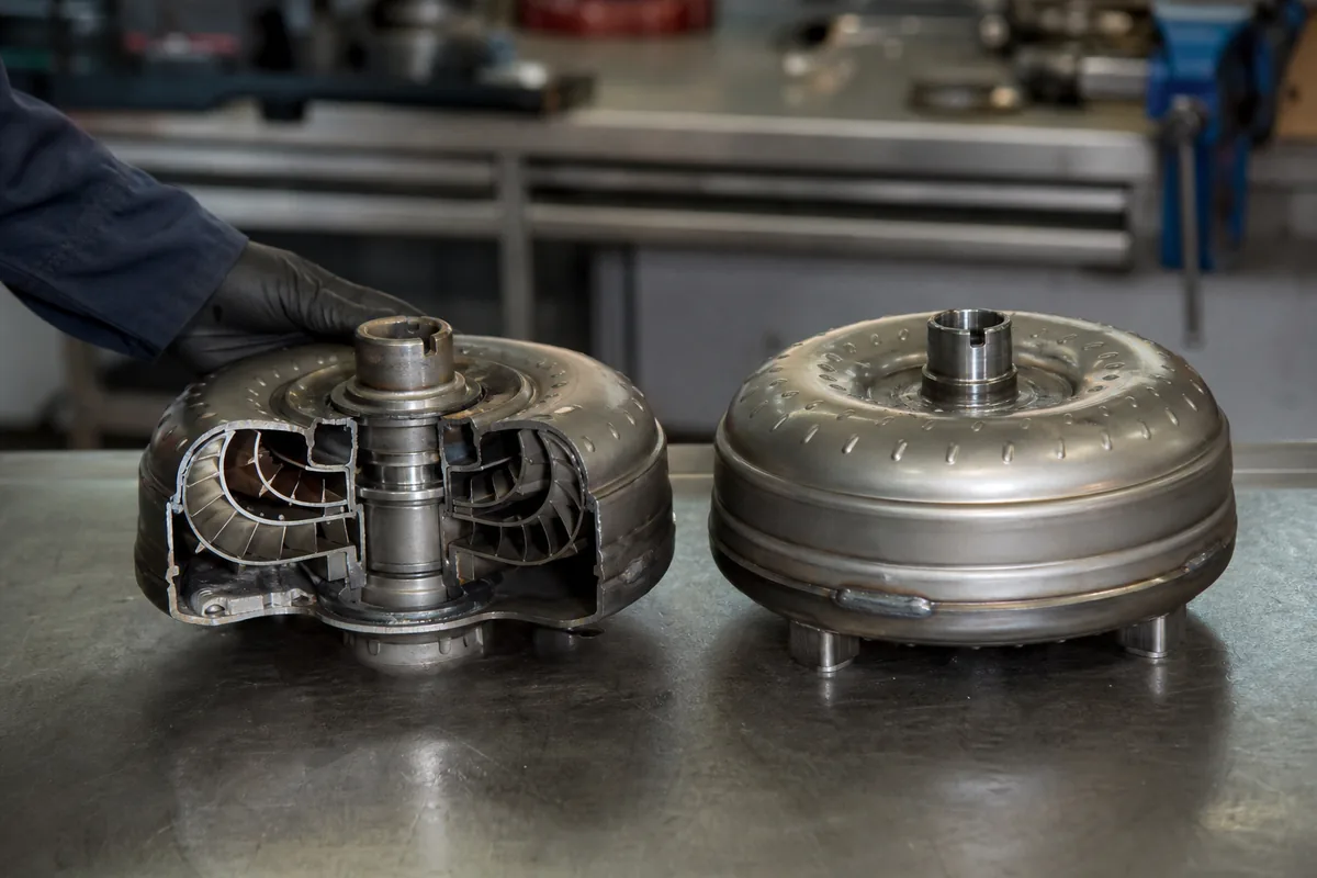 Opengezaagde koppelomvormer naast een nieuwe koppelomvormer op de werkbank