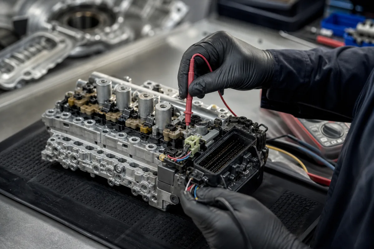 Mechatronic van een automatische versnellingsbak wordt getest op de werkbank