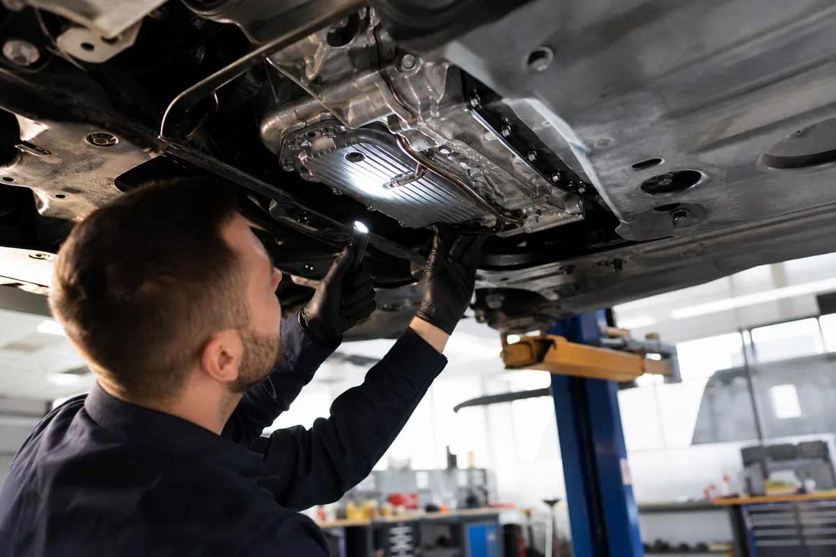 Monteur controleert de automatische versnellingsbak van een auto op de brug